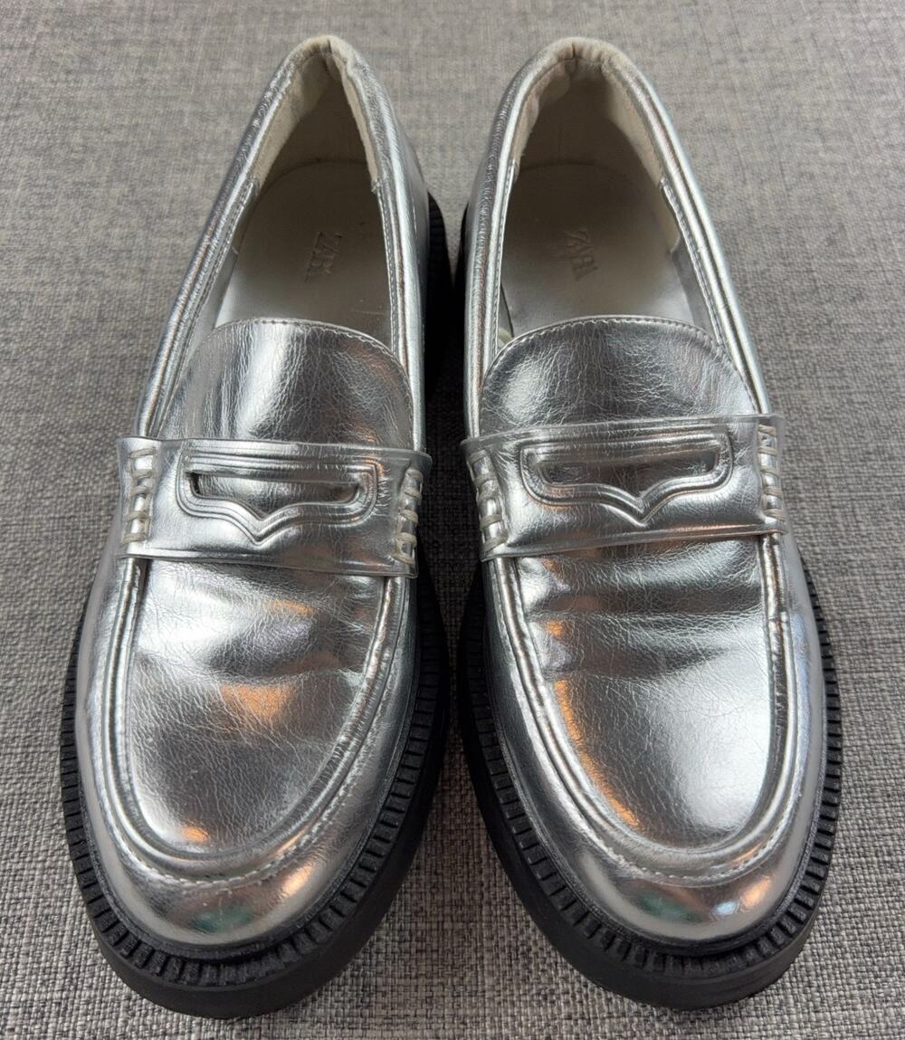 Zara Metallic Silver Penny Loafers Womens 38 US 7.5 Chunky Platform Shoes